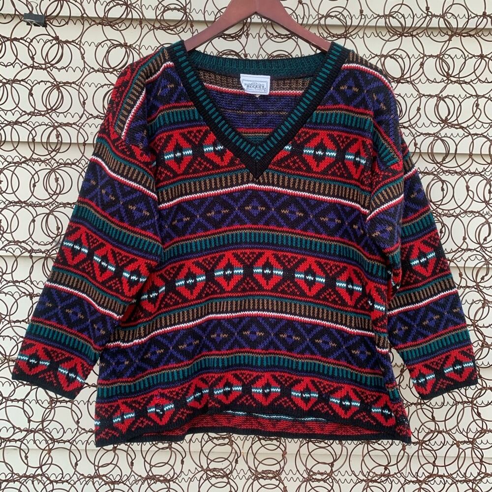 Vintage 90s Croquet geometric knit ugly granny sweater dark primary color MEDIUM